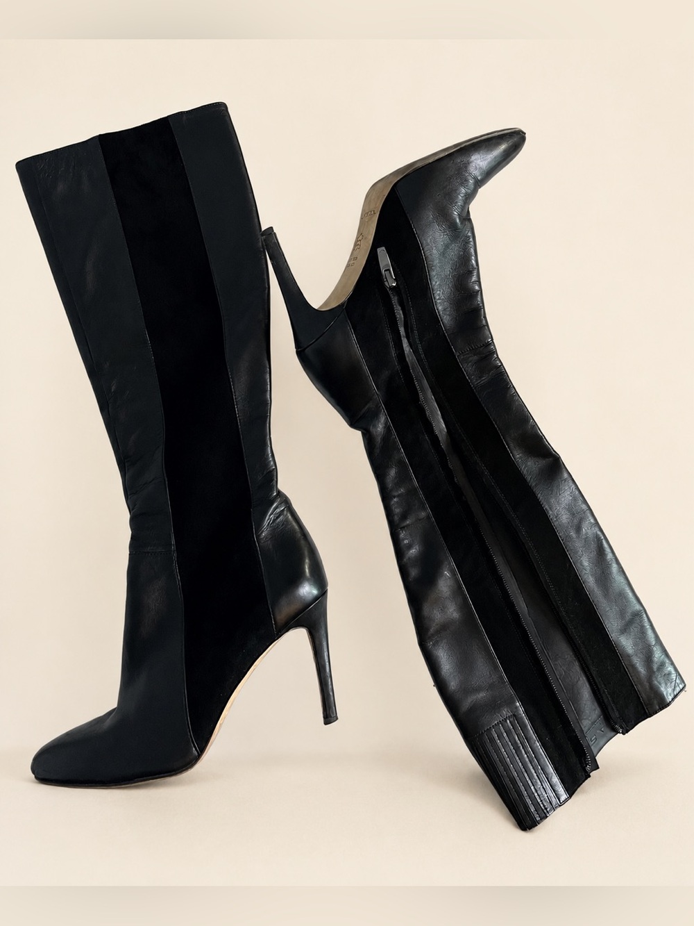 Via Spiga Black Leather + Suede Knee-High Stiletto Boots Size 7.5M
